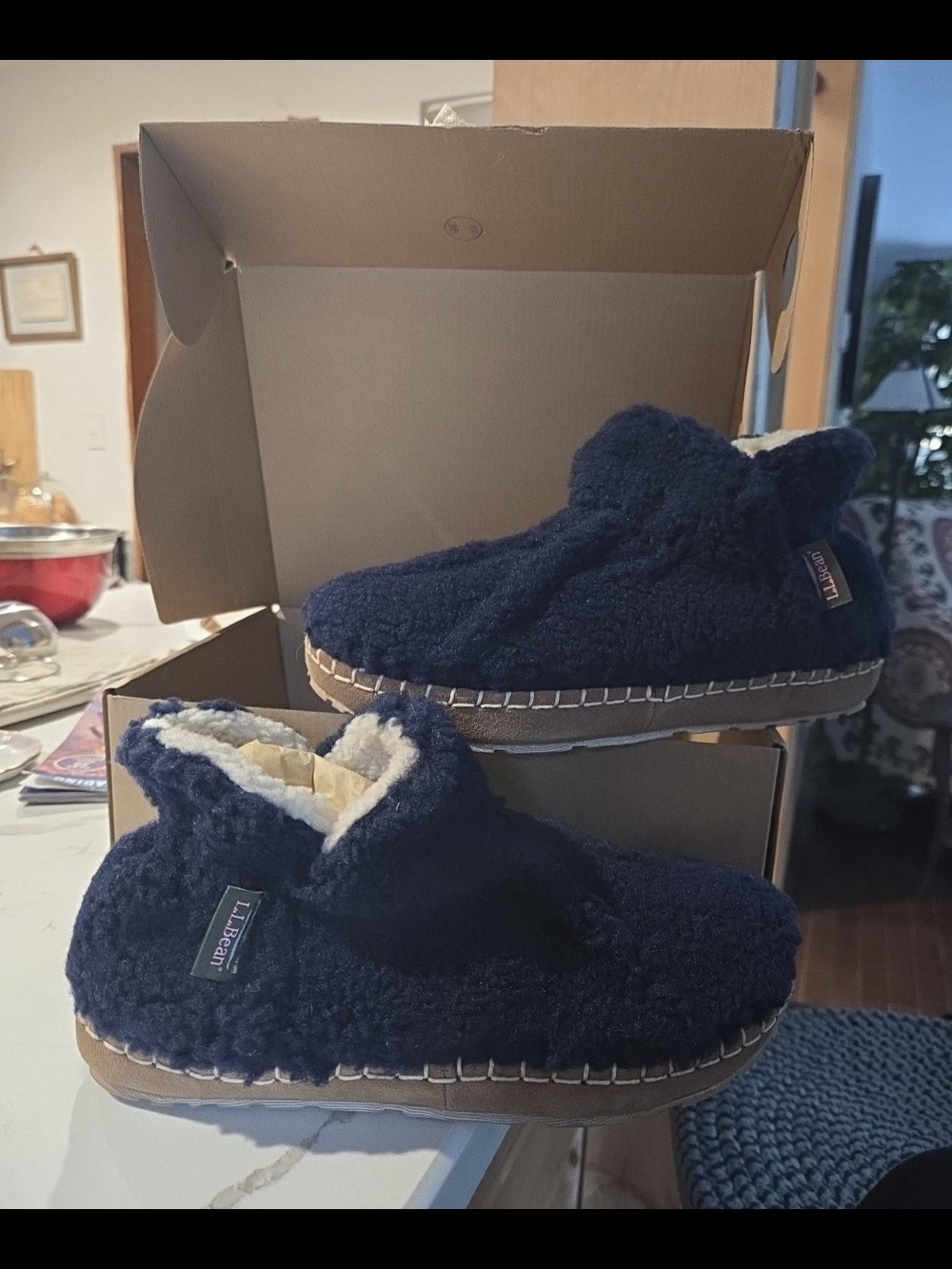 L.L. Bean Womens Navy Sherpa Slip-Ons with Cream Lining